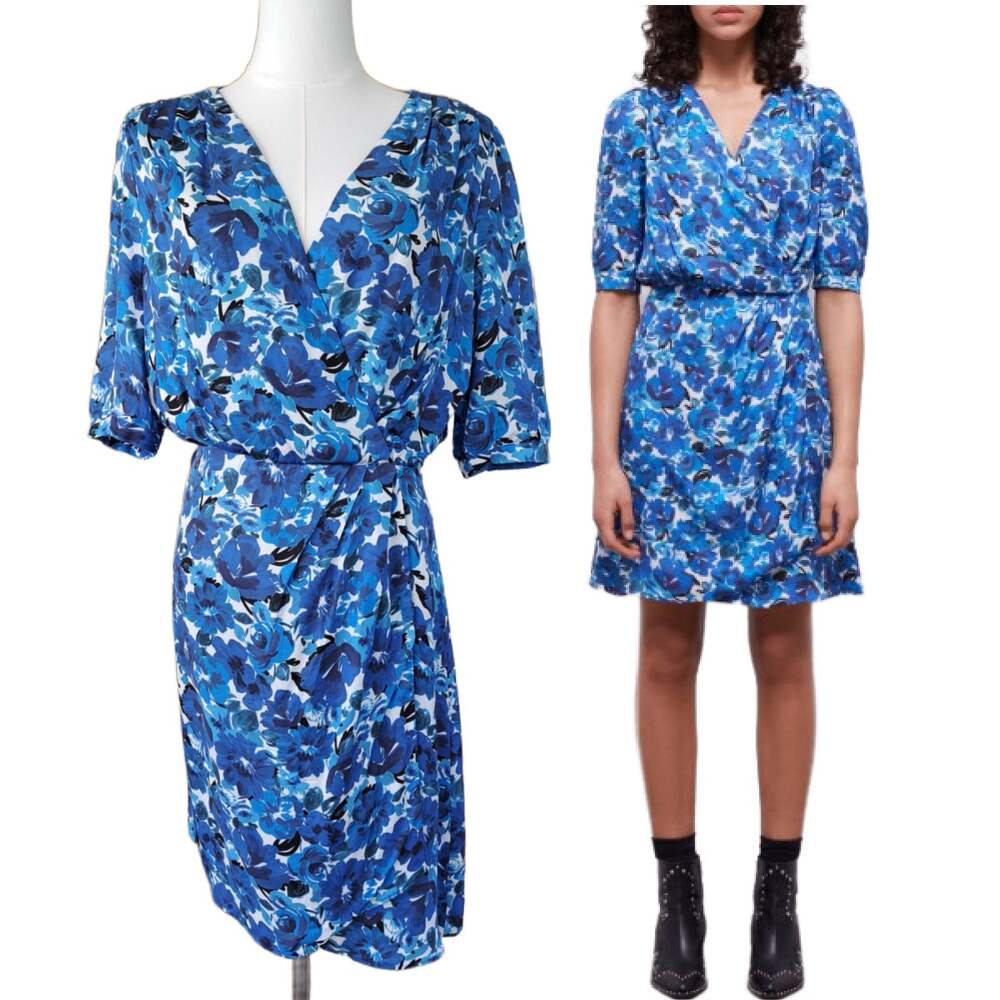 THE KOOPLES Smooth Flowers Blue Floral Faux Wrap Mini Dress